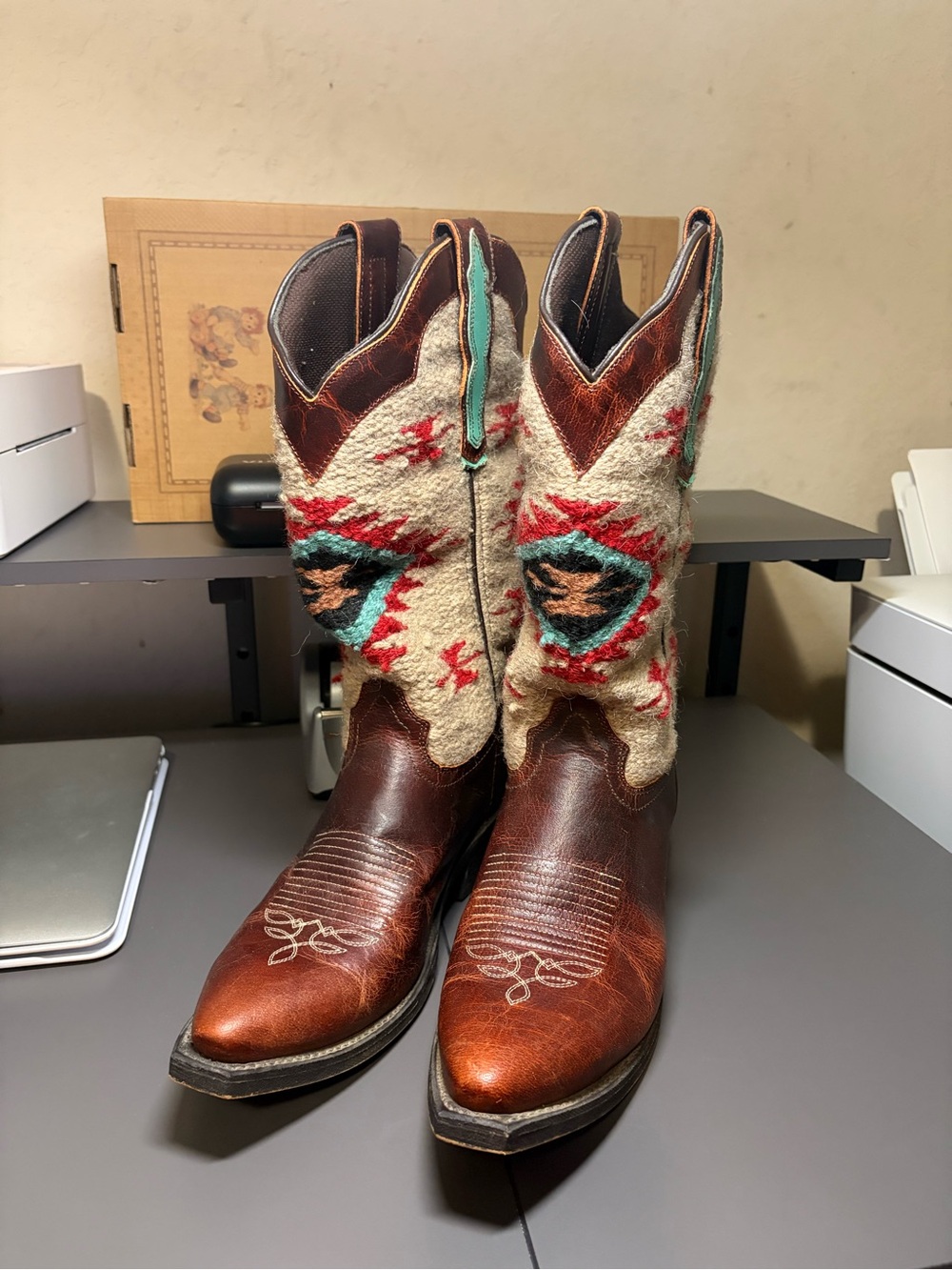 Woven Pattern Leather Western Boots - Brown & Cream